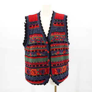 Vintage 90's Erika Cottagecore Floral Embroidered Vest Button Red Navy Sz L